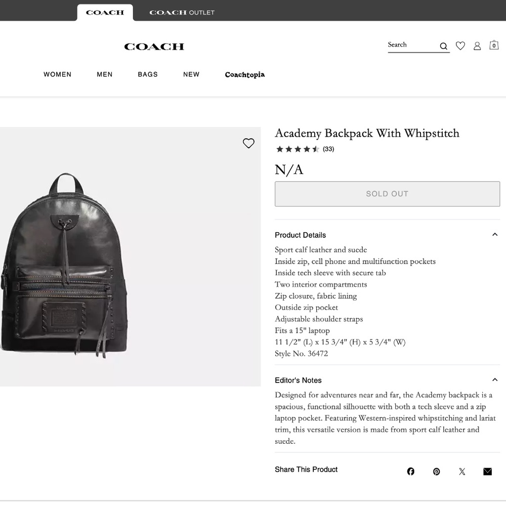 Coach Academy Backpack with Whipstitch